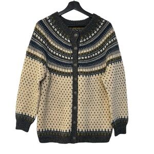 Vintage Norwegian Hand Knit Fair Isle Cardigan Cream Blue Medium Cozy Cottage